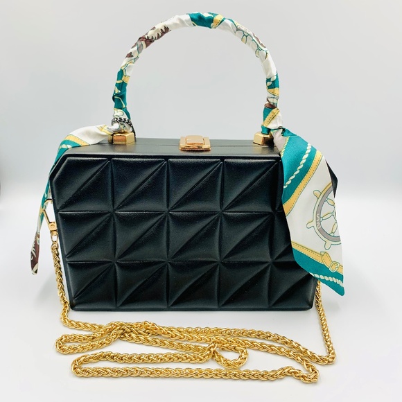 Fashion Handbags - Stylish black quilted blue scarf top handle sling crossbody bag gold-tone chain